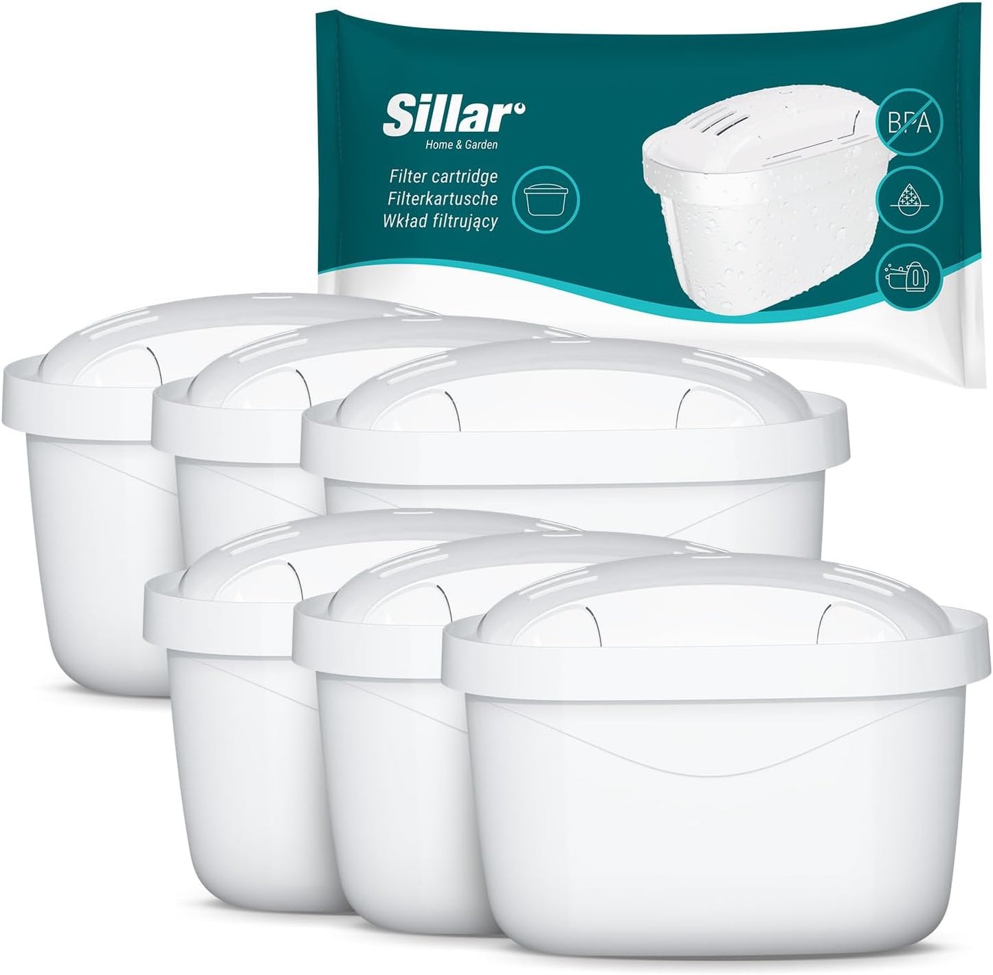 Sillar Water Filter Cartridges Compatible with BRITA Maxtra+, Marella, Aluna, Elemaris - Pack of 6, Activated Carbon & Ion Exchanger, BPA-Free, Reduces Limescale and Chlorine, for Clean Drinking Water